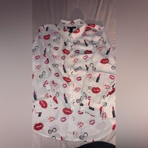 INC International Concepts White Blouse with Red Lip Print